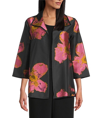 Caroline Rose Pink Petal Print Devore Spread Collar Bracelet Sleeve Open-Front Statement Jacket