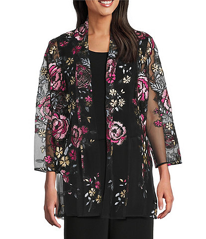 Caroline Rose Pink Rose Floral Embroidered Mesh Open-Front Swing Cardigan