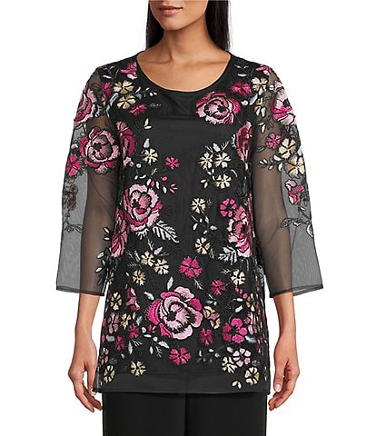 Caroline Rose Pink Rose Floral Embroidered Mesh Scoop Neck 3/4 Sleeve Tunic