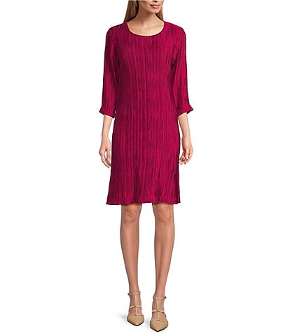 Caroline Rose Plisse Knit Scoop Neck 3/4 Sleeve A-Line Dress