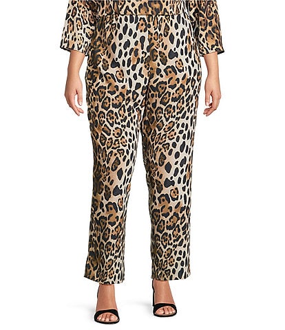 Caroline Rose Plus Coordinating Leopard Print Matte Crepe Flat Front Pull-On Straight Leg Pants