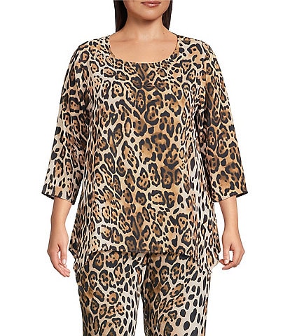 Caroline Rose Plus Coordinating Leopard Print Matte Crepe Scoop Neck 3/4 Sleeve Party Top