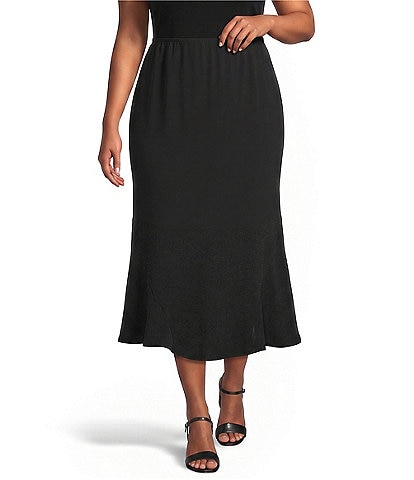 Caroline Rose Plus Matte Crepe Flat Front Elastic Waist Flare Hem Long Skirt