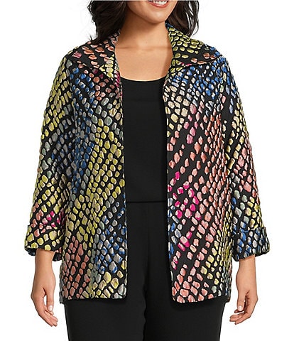 Caroline Rose Plus Mosaic Pattern Cloque Spread Collar Bracelet Sleeve Open-Front Statement Jacket