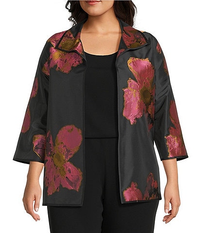 Caroline Rose Plus Pink Petal Print Devore Spread Collar Bracelet Sleeve Open-Front Statement Jacket