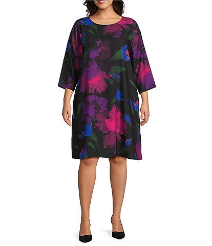 Caroline Rose Plus Size Autumn Allure Print Scoop Neck 3/4 Sleeve A-line Dress