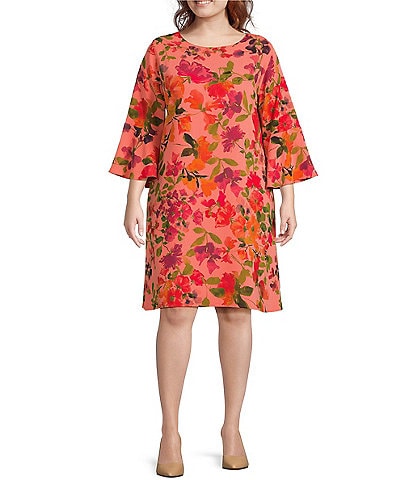 Caroline Rose Plus Size Bella Crepe Bright Blooms Print Scoop Neck 3/4 Bell Sleeve A-Line Dress