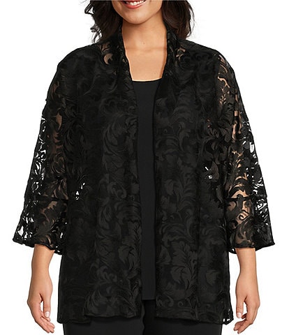 Caroline Rose Plus Size Bella Soiree Embroidered Mesh Lace 3/4 Bell Sleeve Cardigan