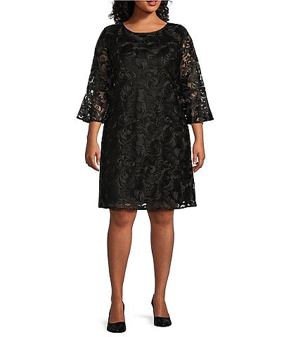 Caroline Rose Plus Size Bella Soiree Embroidered Mesh Lace 3/4 Bell Sleeve Shift Dress