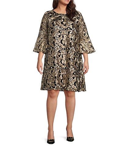 Caroline Rose Plus Size Bella Soiree Embroidered Mesh Lace 3/4 Bell Sleeve Shift Dress