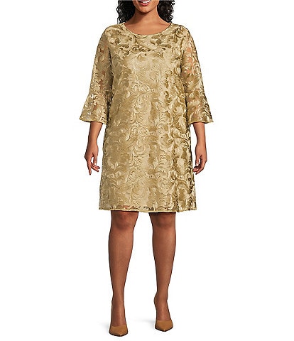 Caroline Rose Plus Size Bella Soiree Embroidered Mesh Lace 3/4 Bell Sleeve Shift Dress