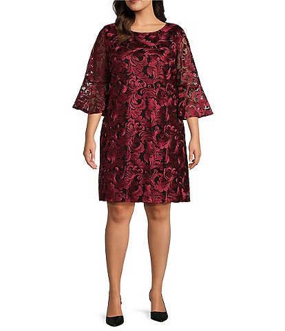 Caroline Rose Plus Size Bella Soiree Embroidered Mesh Lace 3/4 Bell Sleeve Shift Dress