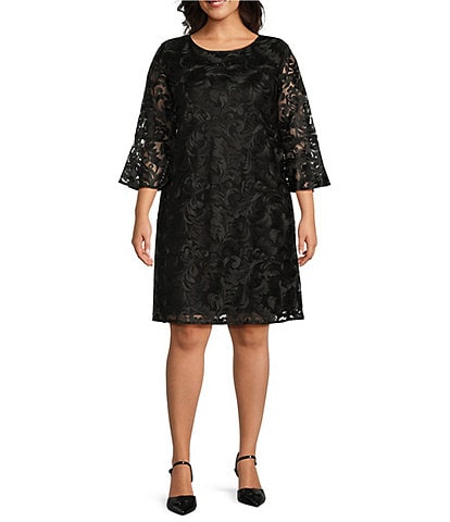 Caroline Rose Plus Size Bella Soiree Embroidered Mesh Lace 3/4 Bell Sleeve Shift Dress