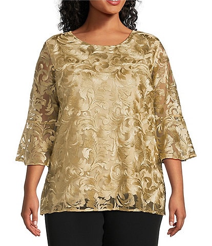 Caroline Rose Plus Size Bella Soiree Embroidered Mesh Lace Scoop Neck 3/4 Bell Sleeve Tunic