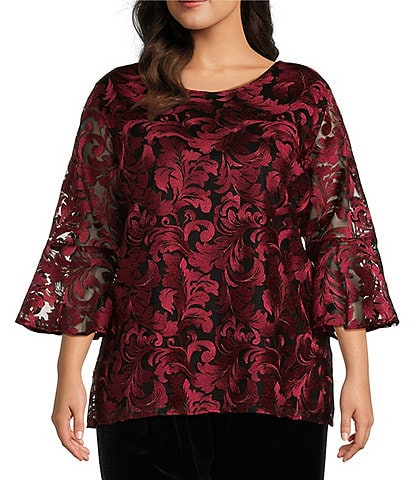 Caroline Rose Plus Size Bella Soiree Embroidered Mesh Lace Scoop Neck 3/4 Bell Sleeve Tunic