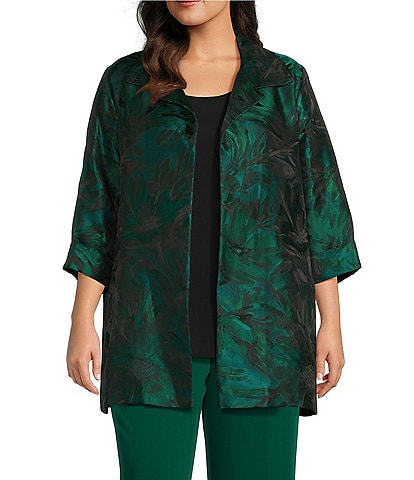 Caroline Rose Plus Size Botanic Jacquard Notch Collar Bracelet Sleeve Open-Front Statement Jacket