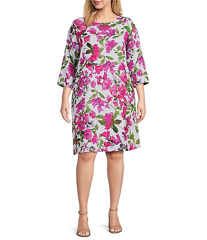 Caroline Rose Plus Size Bright Blooms Floral Print Round Neck 3/4 Sleeve Pocketed Shift Dress