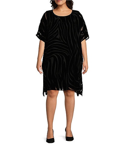 Caroline Rose Plus Size Burnout Velvet Zebra Pattern Scoop Neck Short Sleeve Shift Dress