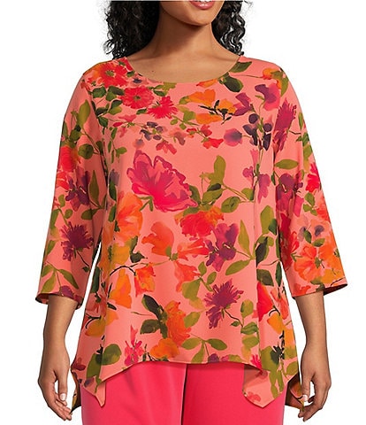 Caroline Rose Plus Size Crepe Bright Blooms Print Scoop Neck 3/4 Sleeve Side Drape Tunic