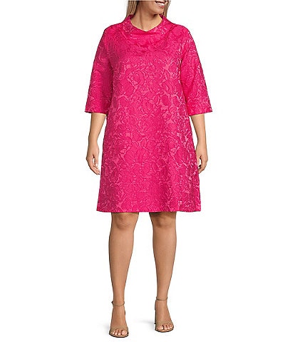 Caroline Rose Plus Size Floral Cloque' Mock Collar 3/4 Sleeve Pocketed Shift Dress