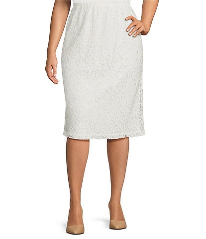 Caroline Rose Plus Size Floral Lace Pull-On Elastic Waist Midi Pencil Skirt