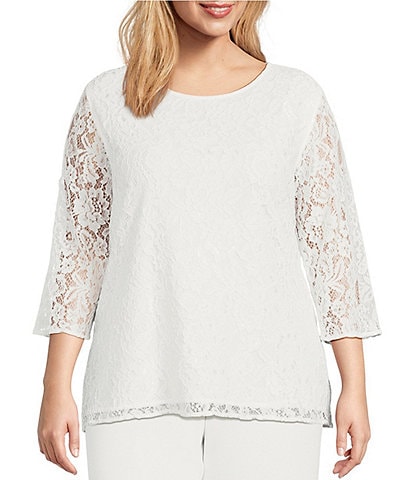 Caroline Rose Plus Size Floral Lace Scoop Neck 3/4 Sleeve Easy Fit Tunic