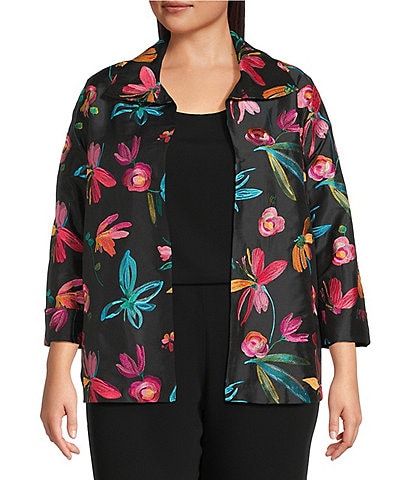 Caroline Rose Plus Size Glorious Garden Floral Embroidered Jacquard Spread Collar Bracelet Sleeve Open-Front Statement Jacket