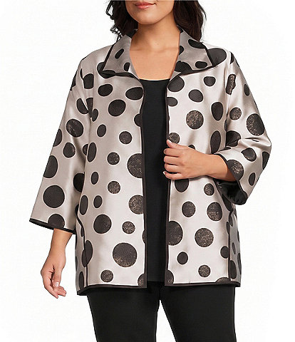 Caroline Rose Plus Size Graphic Dot Jacquard Spread Collar 3/4 Sleeve Open-Front Statement Jacket