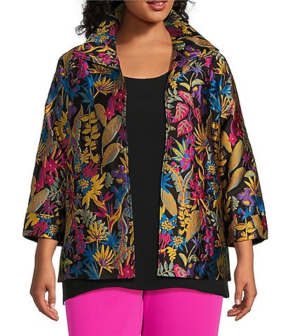 Caroline Rose Plus Size Jacquard Floral Fantasy Spread Collar 3/4 Sleeve Open-Front Statement Jacket