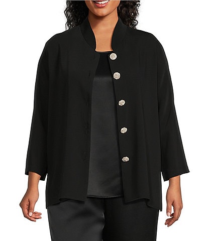 Caroline Rose Plus Size Matte Crepe Mandarin Collar 3/4 Sleeve Black Rhinestone Button Statement Jacket