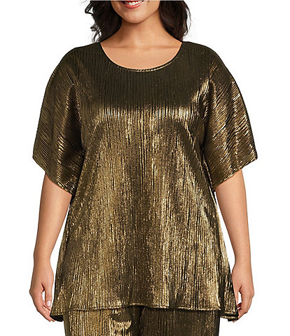 Caroline Rose Plus Size Metallic Plisse Scoop Neck Elbow Sleeve Coordinating Caftan Top