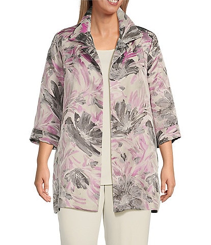 Caroline Rose Plus Size Pinch of Pink Floral Jacquard Notch Collar Cuffed Sleeve Open-Front Long Statement Jacket