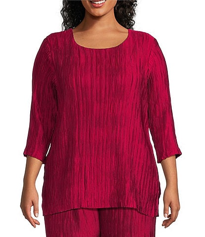 Caroline Rose Plus Size Plisse Crinkled Pleat Scoop Neck 3/4 Sleeve Tunic