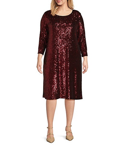 Caroline Rose Plus Size Sparkling Sequin Stretch Knit Scoop Neck 3/4 Sleeve Shift Dress
