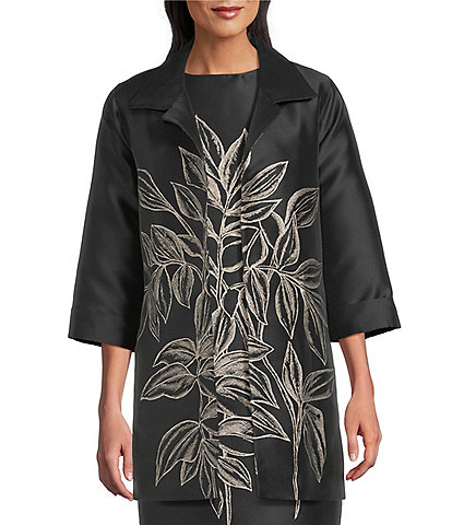 Caroline Rose Printed Rose Leaf Jacquard Point Collar 3/4 Sleeve Statement Jacket