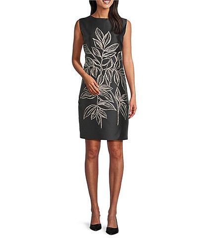 Caroline Rose Printed Rose Leaf Jacquard Scoop Neck Sleeveless Sheath Dress