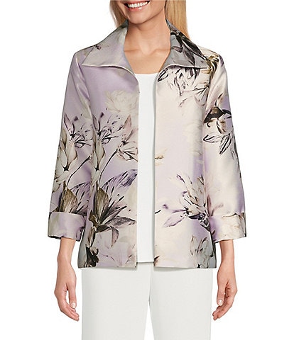 Caroline Rose Silky Twill Lotus Floral Print Spread Collar Bracelet Cuffed Sleeve Pocketed Open Front Jacket