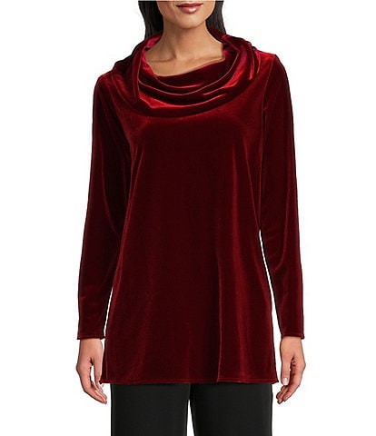 Caroline Rose Stretch Velvet Knit Cowl Neck Long Sleeve Tunic