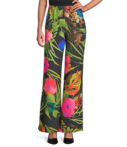 Caroline Rose Tropical Sunset Floral Print Elastic Waist Wide Leg Pants