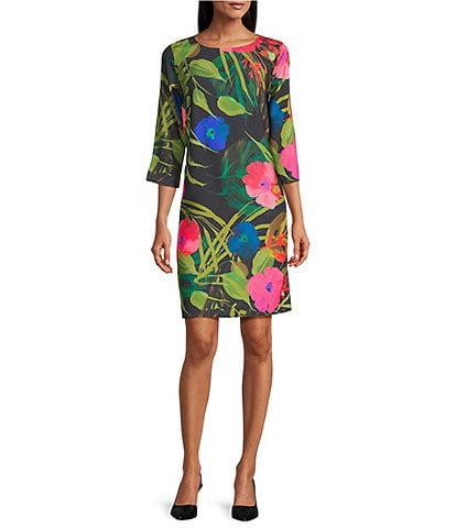Caroline Rose Tropical Sunset Floral Print Scoop Neck 3/4 Sleeve Easy Shift Dress