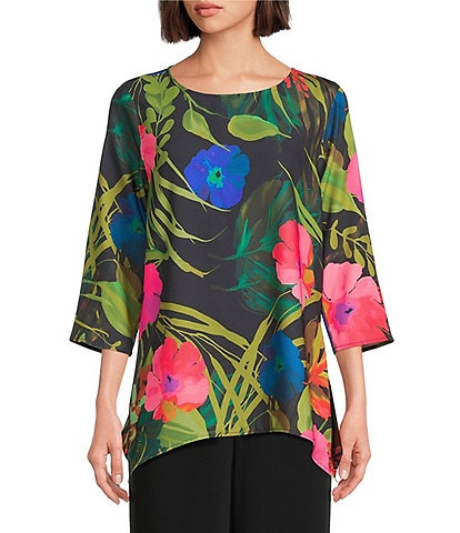 Caroline Rose Tropical Sunset Floral Print Scoop Neck 3/4 Sleeve Party Top