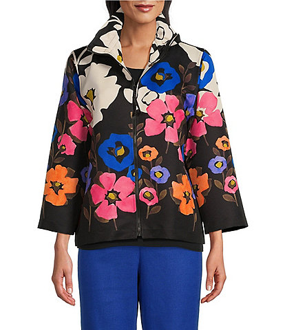 Caroline Rose Whimsical Flower Print Ruched Stand Collar Bracelet Sleeve Zip Front Jacket
