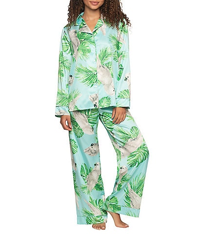 Cassandra Adrienne Satin Cockatoo Print Long Sleeve Notch Collar Pajama Set