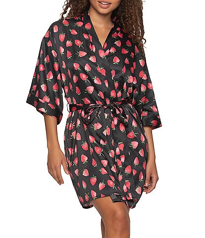 Cassandra Strawberry Print Satin Coordinating Kimono Wrap Robe