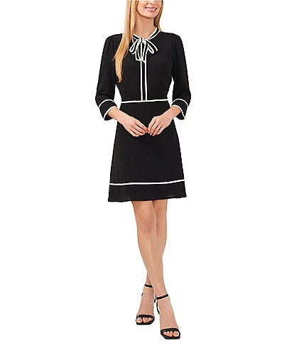 CeCe 3/4 Sleeve Bow Crew Neck Contrasting Piping Trim A-Line Dress