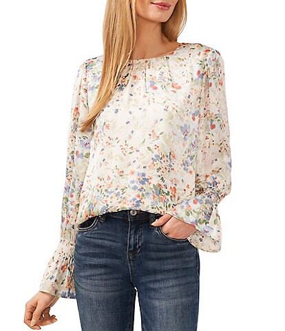 CeCe Charmeuse Watercolor Floral Print Crew Neck Long Sleeve Top