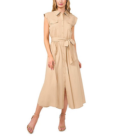 CeCe Collared Cap Sleeve Button Front Belted Shirt Midi Dress