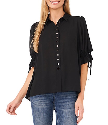CeCe Collared Short Tie Sleeve Button Front Blouse