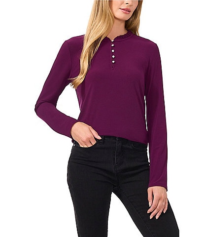 CeCe Crepe Knit Ruffle Trim Crew Neck Front Rhinestone Button Keyhole Long Sleeve Tee