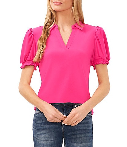 NKOOGH Nice Shirts for Women Pink Workout Tops T Shirts Women Puff Sleeve  Top Deep V Neck Blouse Short Sleeve Knitted Tops L 